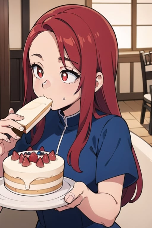 girl with long red hair and red pupils, wearing a blue gown, eating cake at a wedding. The shot is a close-up with the wedding in the background.