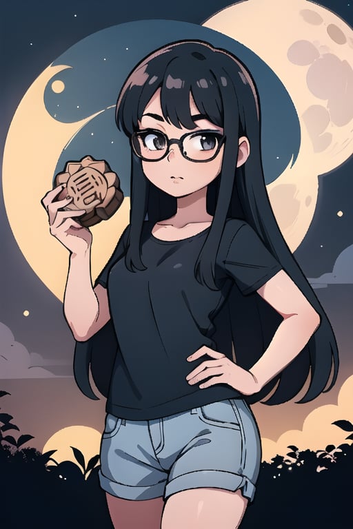 A girl with long black hair and glasses is holding a mooncake, with a full moon night in the background.