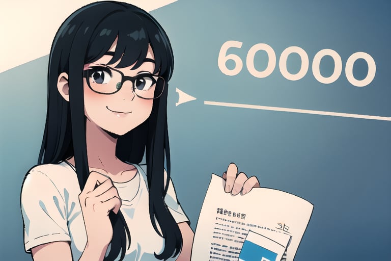 A girl with black hair and glasses is holding a paper with the number "600" written on it, smiling