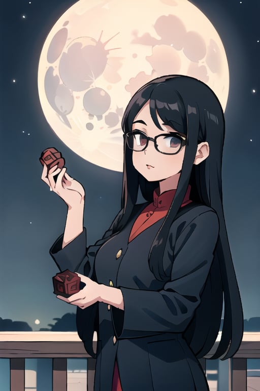 A girl with long black hair and glasses is holding a mooncake, with a full moon night in the background.