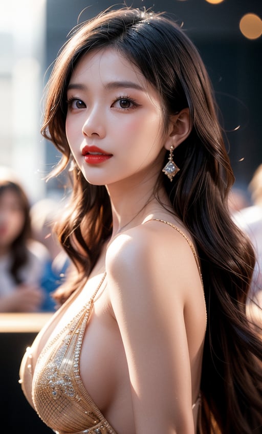 A Taiwanese girl, real skin style, delicate skin face, majestic and proud bust, wearing swimsuit tulle, solo, long hair, jewelry, earrings, looking at the audience, blurred, red lips, reality, big wavy long gray hair , hoop earrings, depth of field, brown eyes, typical example of elegance, the background presents a sense of happiness