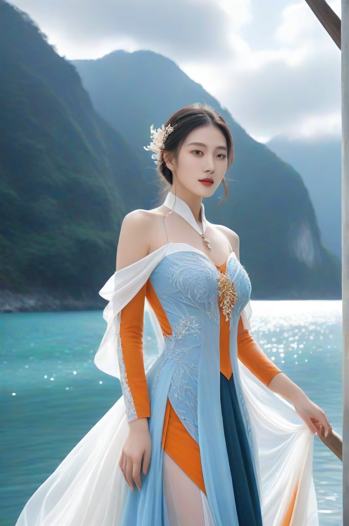 Create 3D full-length digital artwork in a highly detailed, photorealistic style.  The composition is centered on a Taiwanese woman with a majestic bust, real skin style, and delicate face. She has long white braids and wears a dancing white tulle jumpsuit with complex design and gem elements. skirt.  She stood sideways, looking slightly sideways, with a calm expression on her face.  The background is a snow-covered mountain landscape and calm water, suggesting a cold, icy environment, with clouds and mist surrounding you.  The light is soft, enhancing the ethereal and magical atmosphere.  Delicate attention is paid to the characters' costumes and soft lighting, creating an overall feeling of elegance and fantasy.