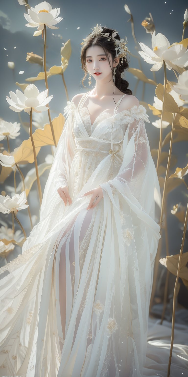 Masterpiece, best quality, 1girl, (colorful), (fine beautiful eyes and detailed face), white lace dress, purple eyes, long and thick eyelashes, bright eyes, looking at the audience, braided hairstyle, movie lighting, Half body shot, extremely detailed CG unified 8k wallpaper, white hair, solo, slightly curled lips, smile, intricate skirt, ((flying petals)), (flowery meadow) sky, cloudy sky, building, moonlight , moon, night, (dark theme: 1.3), light, fantasy, jisoo, 1 girl, asian, woman, z1l4, enhanc3d, korean, SSL, European girls, WaveMiu