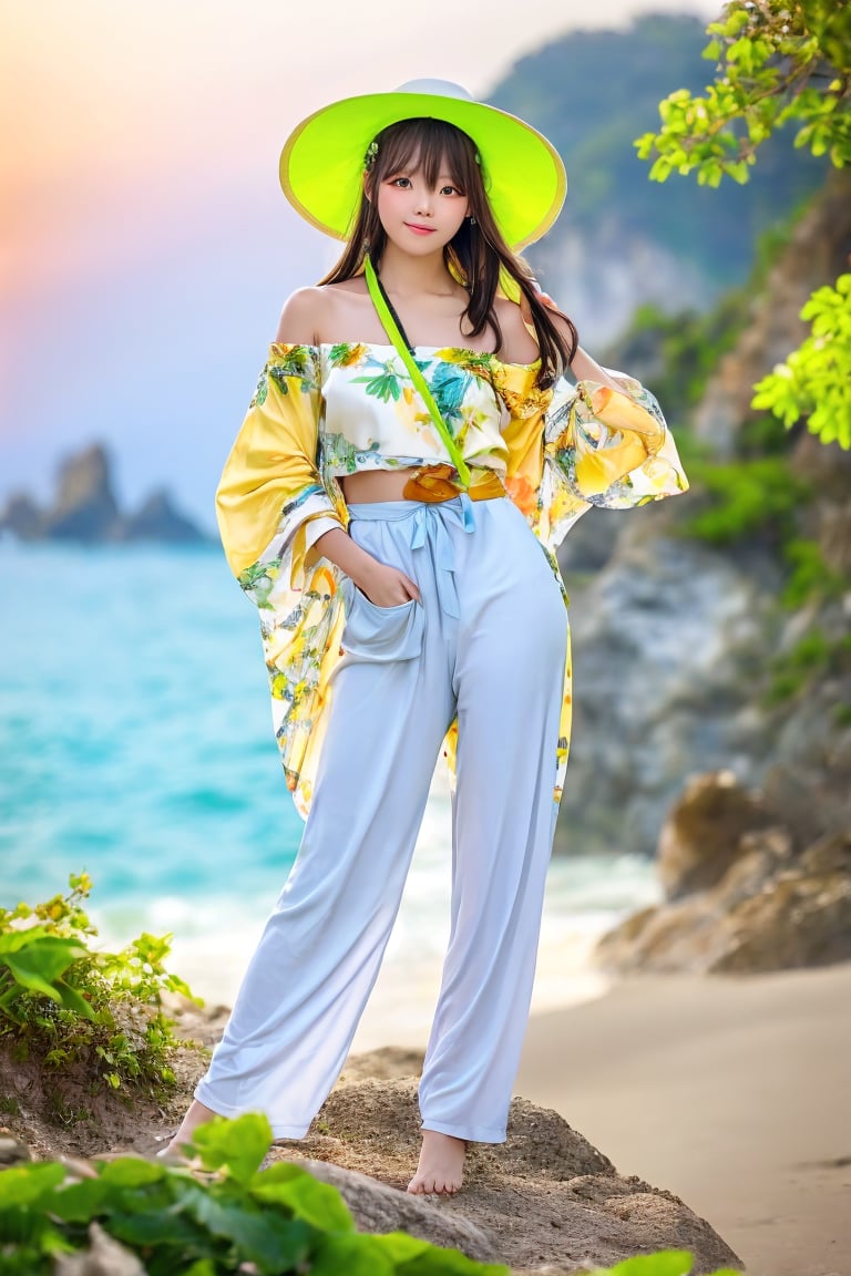 A Taiwanese girl, with real skin style, delicate face, majestic and proud upper body, ethereal and extraordinary feeling, wearing off-shoulder chiffon silk pajamas and a dreamy coat, in a warm morning, with a shy smile in spirit, sitting on the white beach, drinking coffee, with colorful petals flying around her, watching the yellow-blue light of sunrise, the bright green fields and blue sea, enjoying the feeling of being in a paradise at the moment