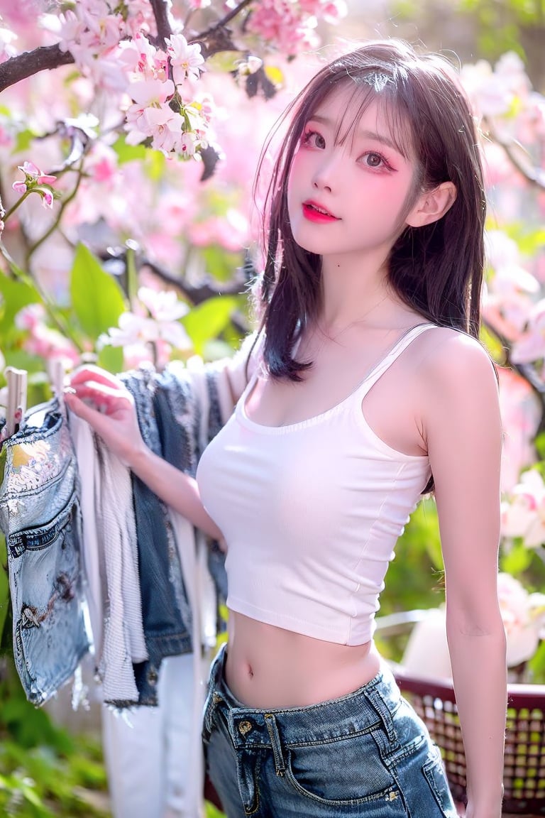 A Taiwanese girl, wearing a short T-shirt and short jeans, 
dries clothes under a cherry blossom tree in spring, petals are flying, the camera is shooting from bottom to top, real skin style, delicate face, majestic bust, the background presents an ethereal and extraordinary feeling.