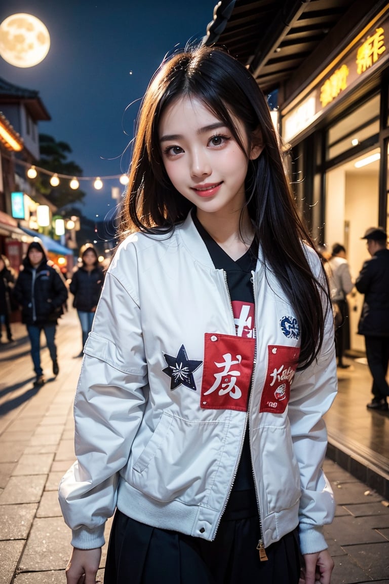 A Taiwanese girl, wearing a white MOYCL uniform and a flight jacket with the Taiwanese flag printed on it, walking on the street with a smile, real skin, delicate white face, a black background with a big moon and the font Happy Mid-Autumn Festival, bright, and "MOYCL FRIENDS" written in sweet love fonts.