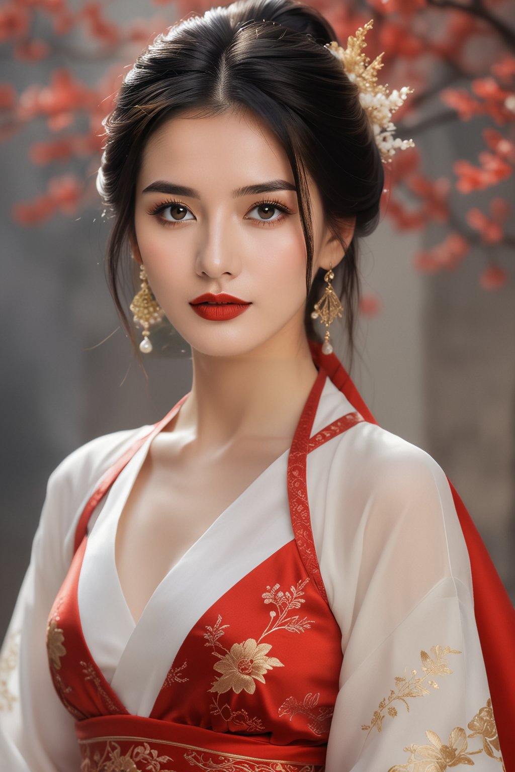 masterpiece,hubggirl,white dress,upper body,walking,looking at viewer, masterpiece,32k,extremely detailed cg unity 8k wallpaper, best quality, vibrant colors, break, china goddess, see through,1girl, long hair, black hair,dodger red see through clothes,gold dress,transparent shawl,1girl,red hanfu,earrings,best quality,masterpiece,raw photo, detailed face, beautiful symmetrical face, cute natural makeup, sadness, feminine, highly detailed, oriental minimalism, subtle elegance, hd , in the style of elegant clothing, realistic yet ethereal, simplistic designs, oriental, whimsical shapes, serene harmony beautiful symmetrical face, elegant, feminine, highly detailed, intricate,best quality, ultra-detailed, masterpiece, hires, 8k,(photorealistic),transparent,skin white and smooth,transparent shawl,high heels,
