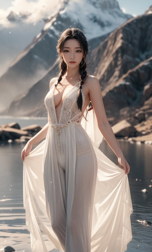 Create 3D full-length digital artwork in a highly detailed, photorealistic style.  The composition is centered on a Taiwanese woman with a majestic bust, real skin style, and delicate face. She has long white braids and wears a dancing white tulle jumpsuit with complex design and gem elements. skirt.  She stood sideways, looking slightly sideways, with a calm expression on her face.  The background is a snow-covered mountain landscape and calm water, suggesting a cold, icy environment, with clouds and mist surrounding you.  The light is soft, enhancing the ethereal and magical atmosphere.  Delicate attention is paid to the characters' costumes and soft lighting, creating an overall feeling of elegance and fantasy.