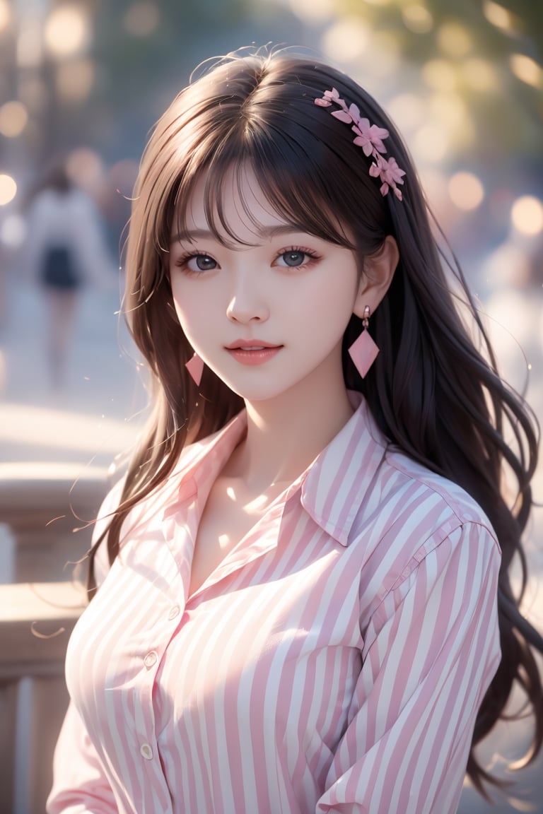 masterpiece, high-quality realistic photo, high resolution photo, high-quality, 8K, sinematic lighting, warm lighting, high contrast, sharp-focus, ((bust-up shot)), (detailed beautiful face), detailed dark-eyes, bokeh, in the park, at spring, 
18yo-japanese-1girl, light smile, smooth skin, black medium wavy hair, dull bangs, juicy lips, medium breasts,earing,                                                                             
(detailed light-pink collared london-stripe shirt),1 girl