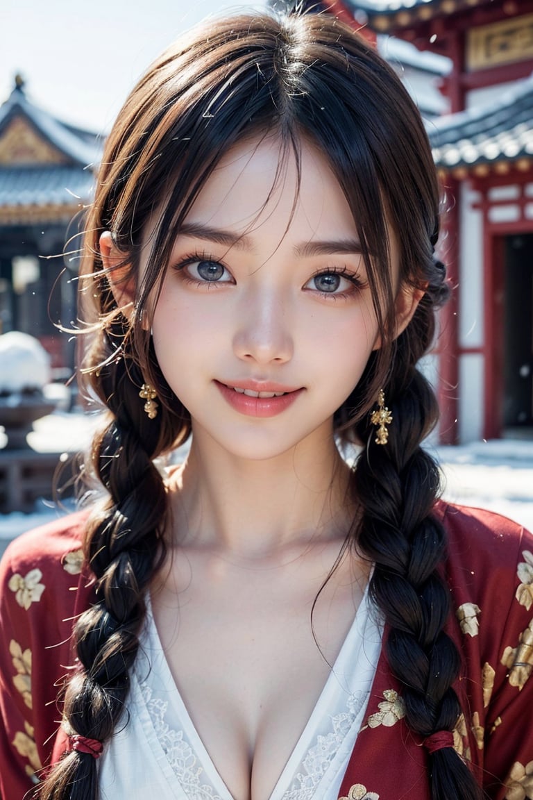 A Taiwanese girl, (realism: 1.2), analog photography style, dreamy snow scene, short black and gray braided hair, full body, soft natural light, cute and sexy smiling, happy, detailed face and blue eyes, high quality, masterpiece, detailed northern mid-autumn night background with a big moon, Chinese style mid-autumn festival atmosphere, quality: 16K, original photo face, real skin effect, clear facial features, majestic bust, analog photography style, dreamy snow scene, short black and gray braided hair, full body, soft natural light, cute and sexy, happy, detailed face and blue eyes, high quality, masterpiece, detailed northern background, quality: 16K, original photo