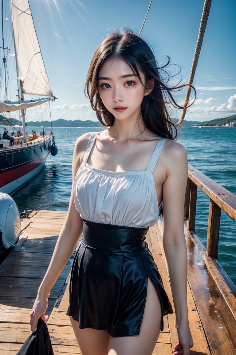 A Taiwanese girl, wearing a white period costume and white tulle, real skin style, delicate face, long flowing hair, strikes a dancing pose with a sailboat as the background. She stands by the boat, with the sea and sails visible behind her, suggesting a nautical theme. The background is a clear blue sky, and the lighting is bright and natural. The overall color scheme is cool, mainly blue, which complements the marine environment, emphasizing realistic textures and bright colors.