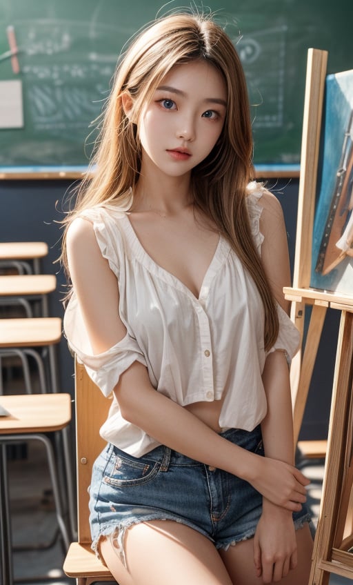 A 28-year-old Taiwanese woman with a sweet temperament, a focused look, real skin effects, clear facial features, a majestic bust, solo, dancing body, blond hair, blue eyes, and very fair skin.  She has a very beautiful face and figure and works part-time as a model for art school students.  But she was wearing white clothes, and her upper body was: a shoulder-drop vest and shorts.  She needs to stay in one position for one to two hours.  This is in the art classroom of the school.  There was a male art professor and a group of male and female students around 18-19 years old.  They sat in front of their easels and drew on paper with charcoal pencils.  What they want is a 28-year-old blonde beauty.  The blond woman sat there, leaning on the chair and covered with a blanket at the request of the female professor.  She is lying down but looking into the camera with lively blue eyes.  The background is: classroom, professor, students, easel, drawing paper, paintbrush.  Official Art, Photography.   8K, a masterpiece.