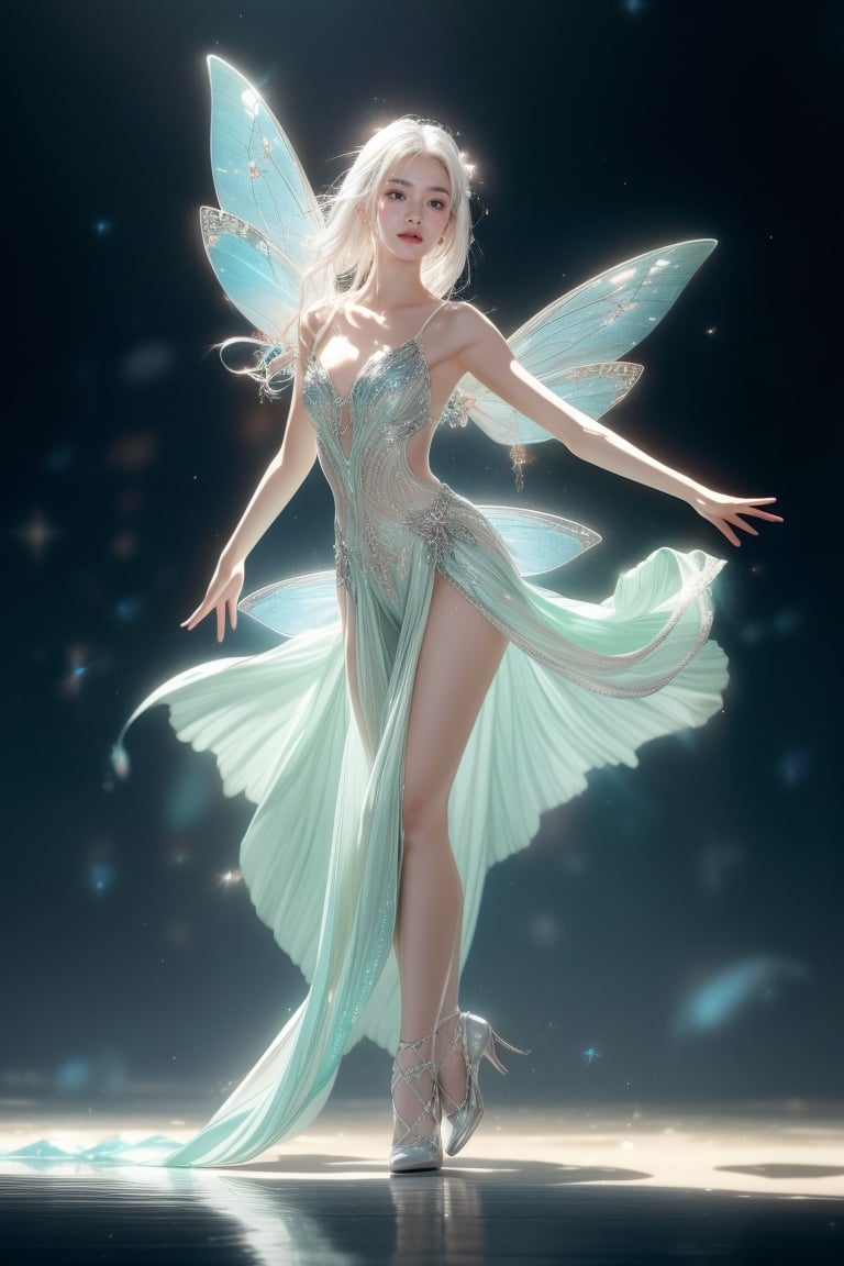 A Korean girl, a cute and colorful white-haired fairy, exquisite effects, real style, photo effects, real skin, ethereal and otherworldly style, dark white and light silver, 32k ultra high definition, dark white and light aquamarine, elegant dancing posture, Full body, paradise background
