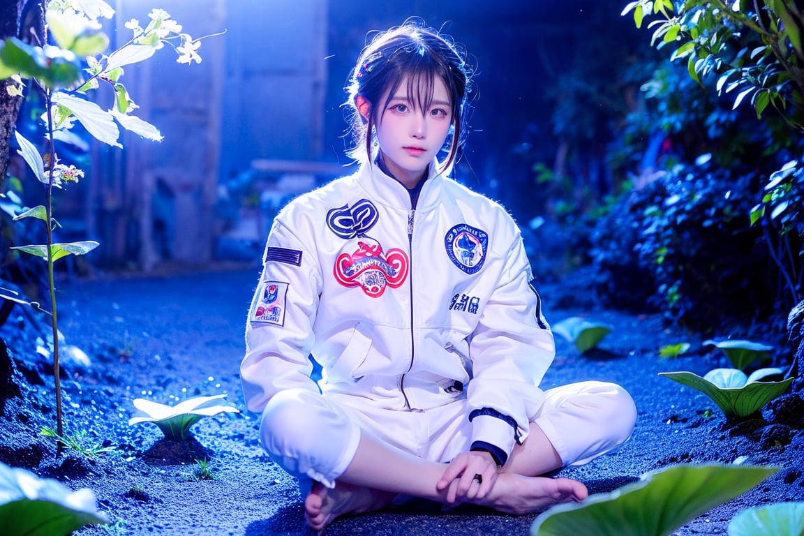 A Taiwanese man, wearing a white flight jacket with the Taiwanese flag printed on it, real skin style, exquisite skin, began to retreat, sitting cross-legged to rest his body with his hands in lotus position, the background is the cosmic blue backlight, the ethereal environment, and there are white spirits around him