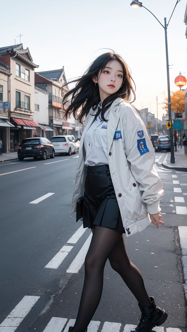 A Taiwanese girl wearing a white MOYCL uniform and a white flight jacket is walking on the street. She has real skin and a delicate white face. The background is black and blue, and the big moon shows the font Happy Mid-Autumn Festival, which is bright and written in sweet love fonts: "MOYCL FRIENDS".