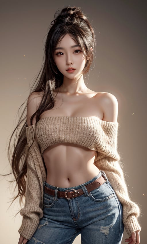 Real-life version of Hatsune Miku, a young and beautiful Taiwanese girl, with real skin effects, beautiful and lifelike eyes, beautiful lips, long golden hair, knitted white flat-necked off-shoulder long sweater. Waist and navel exposed. Long and strong hair. , brown hair, vector fashion. Unrestrained, wild sexy and sultry. Super clear face