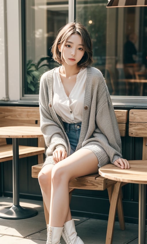 Contemporary color photo of a young Taiwanese girl sitting at a coffee table indoors, realistic skin effect, short gray hair, clear facial features, majestic and proud bust, solo, she is wearing a white cardigan with no buttons, On her feet were tall white boots.  Her posture was relaxed, one leg crossed over the other.  The background shows a modern outdoor cafe environment including chairs, tables and green plants.  The background appears to be soft shadows lit by sunlight, suggesting daytime.  On the table there is a cup, saucer and dessert cup on a wooden table top.  This composition captures a casual yet intimate moment in a stylish urban setting.