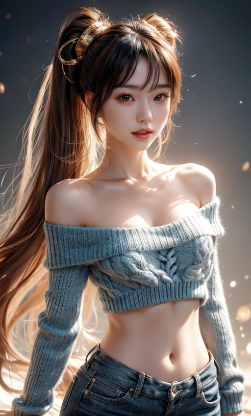 Real-life version of Hatsune Miku, a young and beautiful Taiwanese girl, with real skin effects, beautiful and lifelike eyes, beautiful lips, long golden hair, knitted white flat-necked off-shoulder long sweater. Waist and navel exposed. Long and strong hair. , brown hair, vector fashion. Unrestrained, wild sexy and sultry. Super clear face