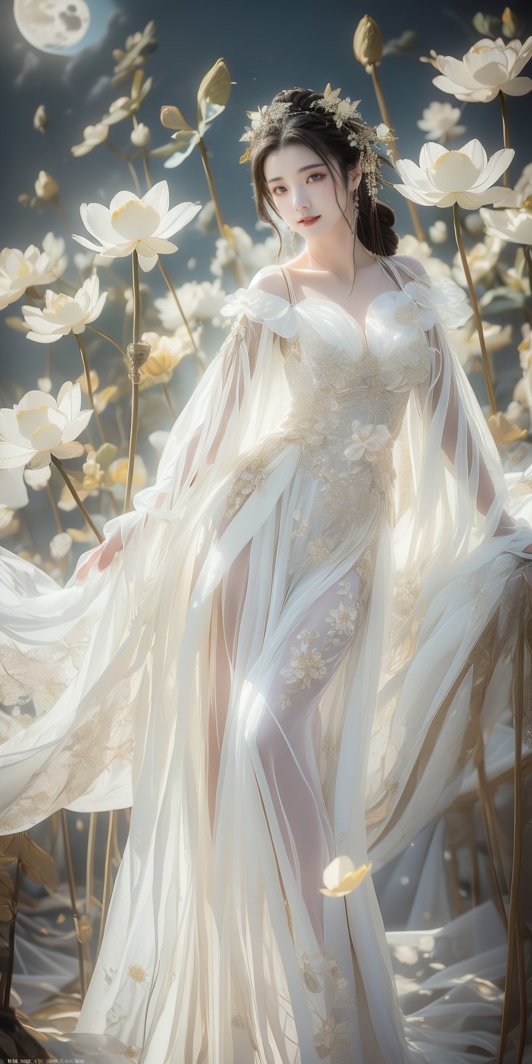 Masterpiece, best quality, 1girl, (colorful), (fine beautiful eyes and detailed face), white lace dress, purple eyes, long and thick eyelashes, bright eyes, looking at the audience, braided hairstyle, movie lighting, Half body shot, extremely detailed CG unified 8k wallpaper, white hair, solo, slightly curled lips, smile, intricate skirt, ((flying petals)), (flowery meadow) sky, cloudy sky, building, moonlight , moon, night, (dark theme: 1.3), light, fantasy, jisoo, 1 girl, asian, woman, z1l4, enhanc3d, korean, SSL, European girls, WaveMiu