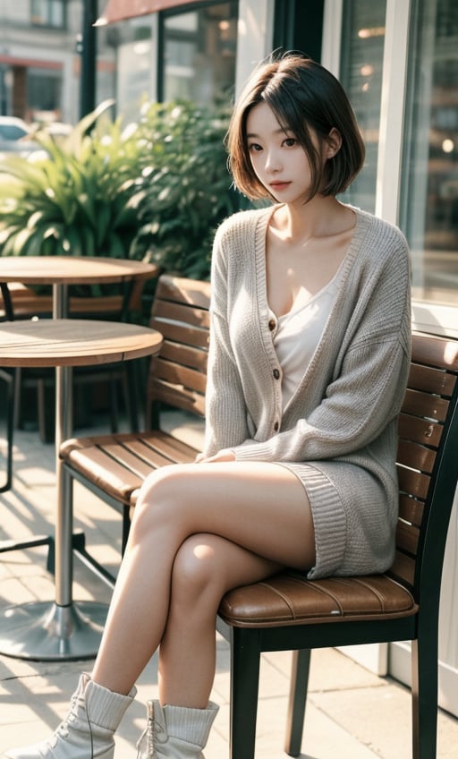 Contemporary color photo of a young Taiwanese girl sitting at a coffee table indoors, realistic skin effect, short gray hair, clear facial features, majestic and proud bust, solo, she is wearing a white cardigan with no buttons, On her feet were tall white boots.  Her posture was relaxed, one leg crossed over the other.  The background shows a modern outdoor cafe environment including chairs, tables and green plants.  The background appears to be soft shadows lit by sunlight, suggesting daytime.  On the table there is a cup, saucer and dessert cup on a wooden table top.  This composition captures a casual yet intimate moment in a stylish urban setting.