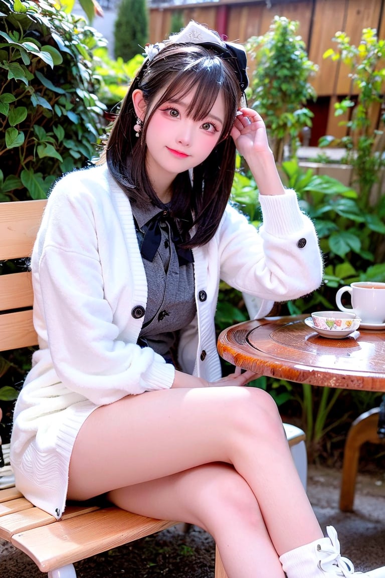 A contemporary color photo of a young Taiwanese girl sitting at an indoor coffee table, with real skin effects, short grey hair, clear facial features, a majestic bust, solo, she is wearing a white cardigan without buttons and high white boots on her feet. Her pose is relaxed, with one leg crossed over the other. The background shows the environment of a modern outdoor coffee shop, including chairs, tables and green plants. The background seems to be a soft shadow under the sunlight, suggesting daytime. On the table there is a cup, saucer and a dessert cup on a wooden tabletop. This composition captures a casual but intimate moment in a trendy urban environment.