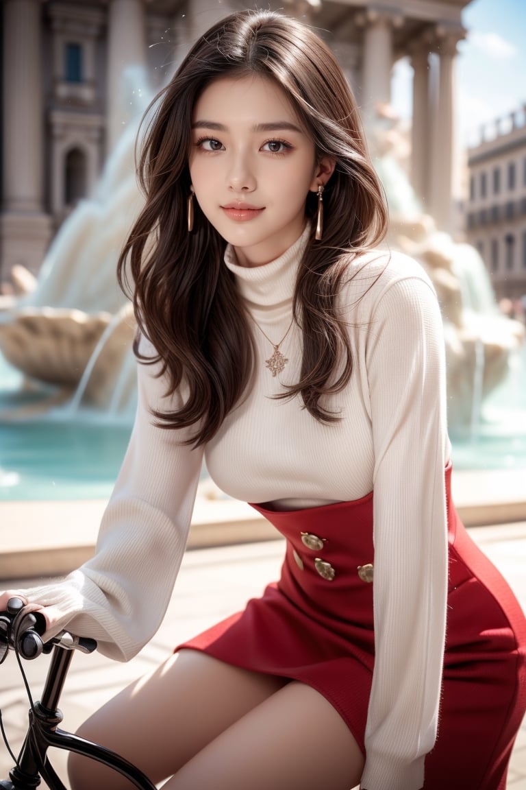 background is Fontana di Trevi,Italia,
18 yo, 1 girl, beautiful korean girl,smile,wearing tight turtleneck dress(black),wearing red bike jacket, sitting on fontana,
solo, {beautiful and detailed eyes}, dark eyes, calm expression, delicate facial features, ((model pose)), Glamor body type, (dark hair:1.2),very long hair,curly hair,hair_past_waist,medium breast,
simple tiny necklace,simple tiny earrings, flim grain, realhands, masterpiece, Best Quality, 16k, photorealistic, ultra-detailed, finely detailed, high resolution, perfect dynamic composition, beautiful detailed eyes, happy smile, sharp-focus, full_body, cowboy_shot