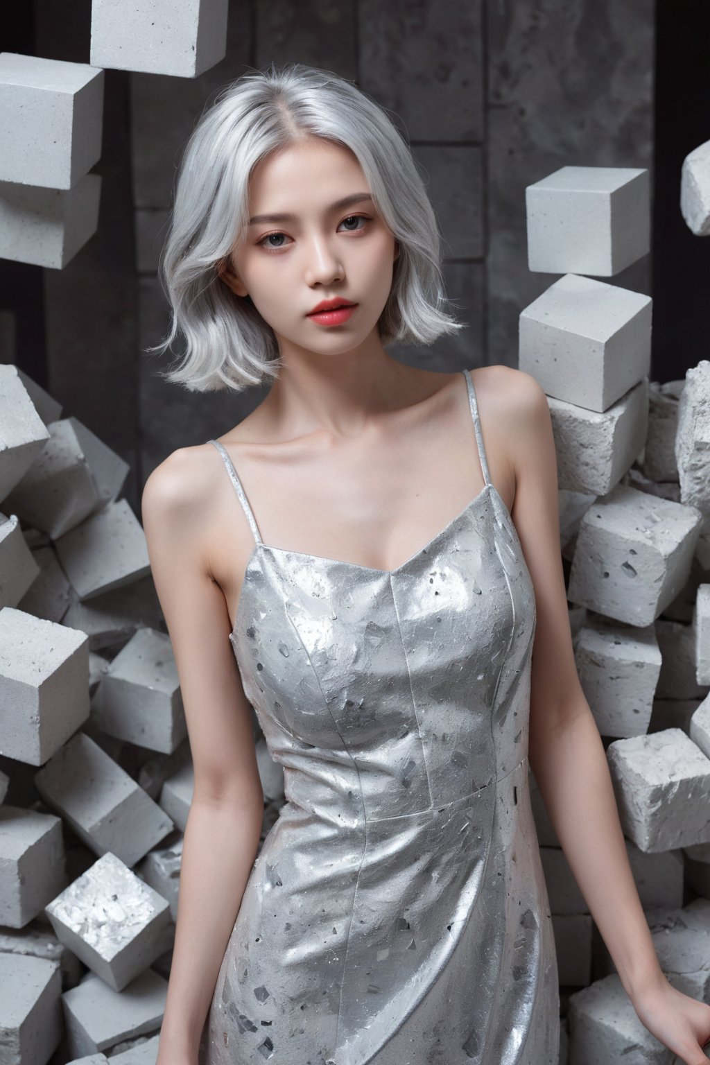 raw, photo, realistic BREAK 1girl,silver hair,beautiful facial features,silver dress,standing,cube,debris,stone,floating objects,geometric object,silver theme,dreamy mottled background,depth of field gradient,close-up,More Reasonable Details