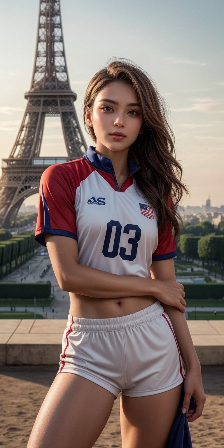 A stunning female athlete, dressed in a sleek United States Association (UAS) volleyball team uniform, stands confidently before the camera, her gaze directly addressing the viewer. Soft golden light illuminates her radiant features, set against the iconic Eiffel Tower backdrop, symbolizing the 2024 Paris Olympic Games.