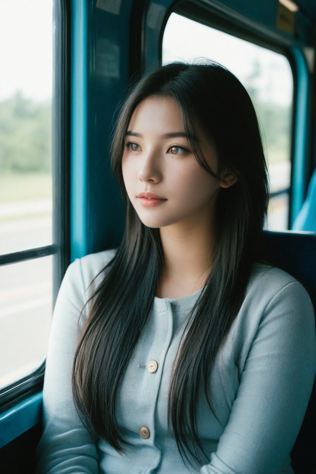 cute girl sitting on a bus, natural lighting from window, 35mm lens, soft and subtle lighting, girl centered in frame, shoot from eye level, incorporate cool and calming colors,hubggirl