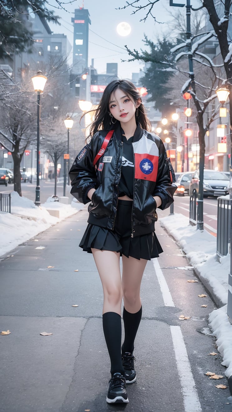 A Taiwanese girl, wearing a white MOYCL uniform and a flight jacket with the Taiwanese flag printed on it, walking on the street with a smile, real skin, delicate white face, a black background with a big moon and the font Happy Mid-Autumn Festival, bright, and "MOYCL FRIENDS" written in sweet love fonts.