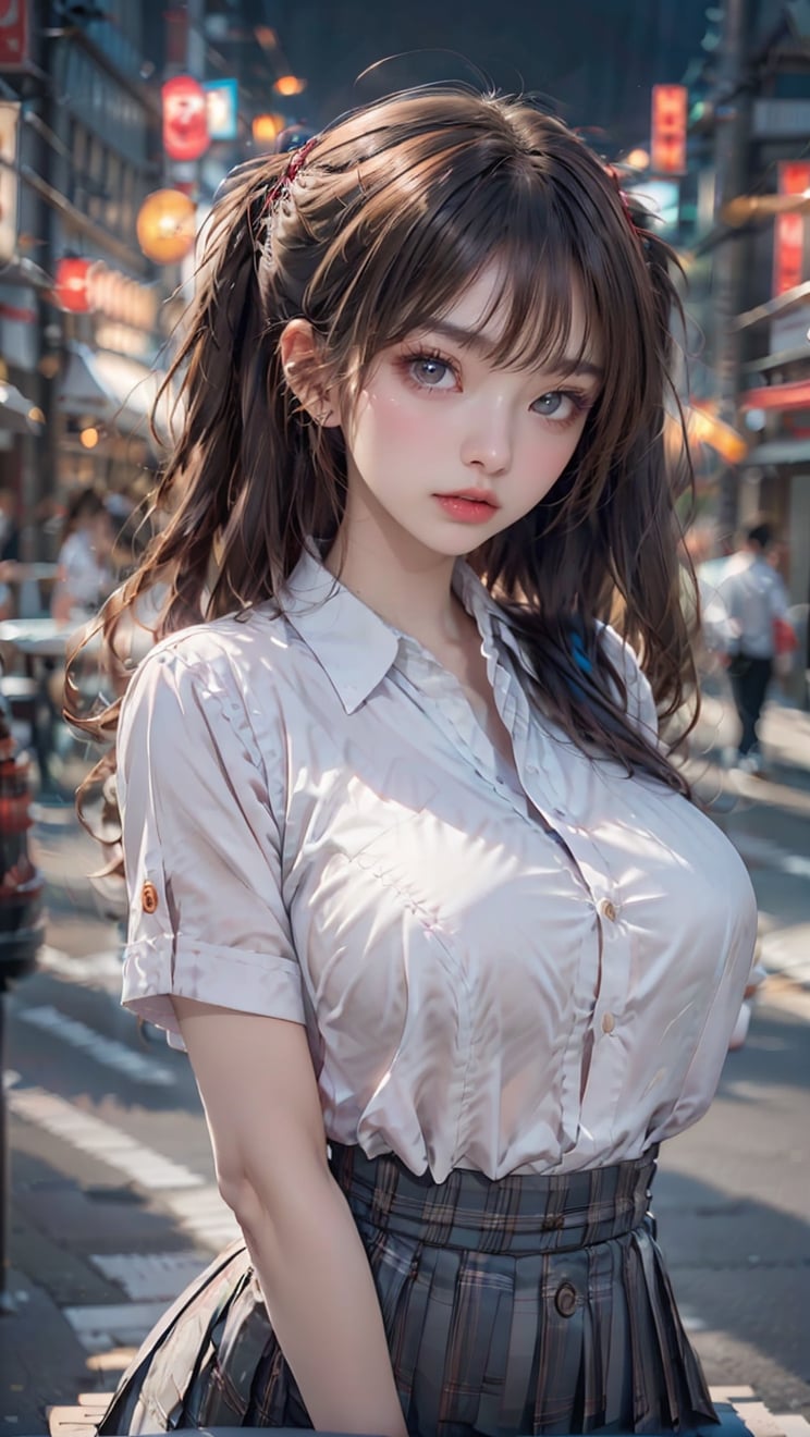 1girl, (white shirt, red pleated skirt, tulle), (short hair), (blue hair), ((big breasts: 1.2)), (upper body), close-up, ear hook highlights, sitting on the sofa, in a cafe ,café, (surprised: 1.5), angry, looking at the viewer, ((partially unbuttoned: 1.2)), (button gap: 1.5), bra visible through clothes, (open clothes), 1 Korean girl, Double exposure, real person, color splash style photo, Beautyniji, young beautiful spirit,milf