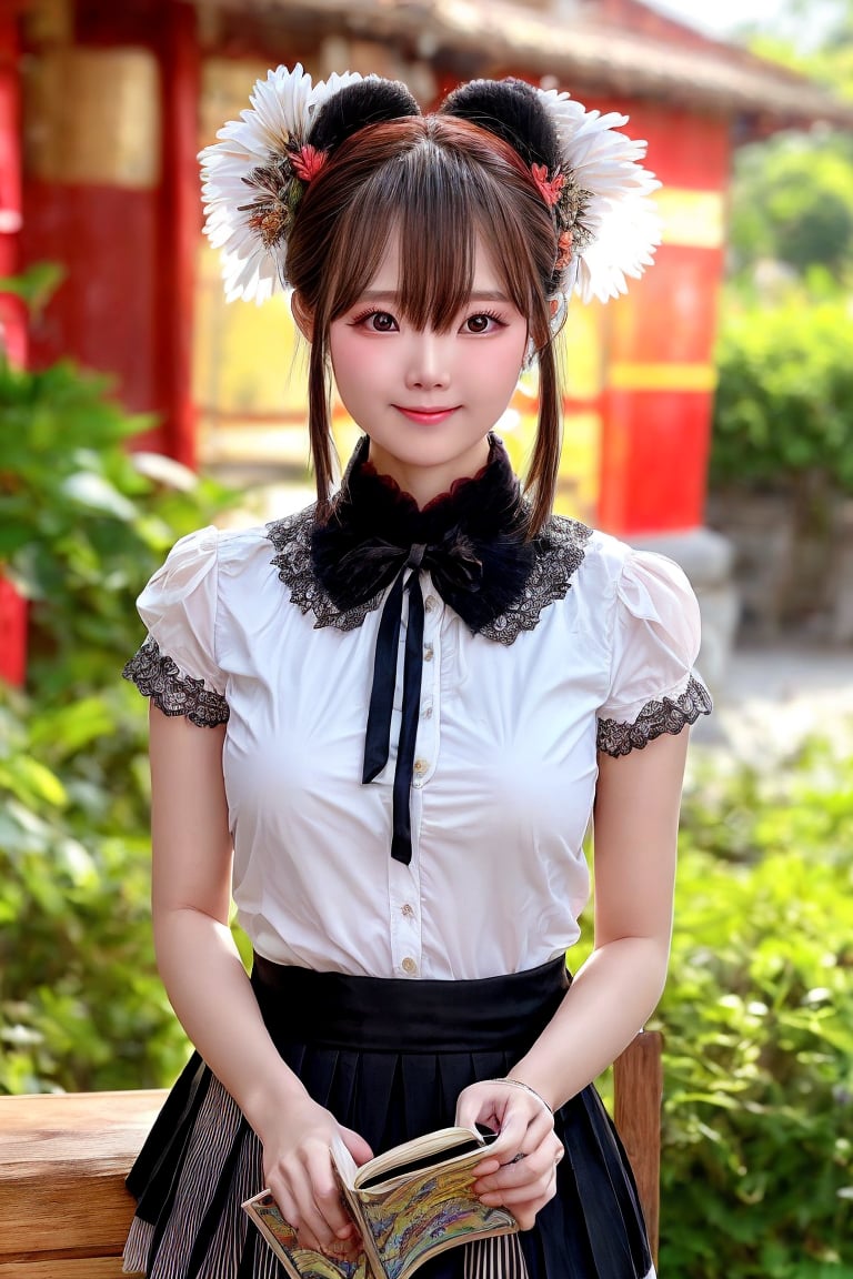 A 27-year-old Taiwanese girl, with a majestic bust, real skin style, delicate face, brown hair, cute European and Japanese girl, Internet idol, angelic face, wearing a plain stand-up collar short-sleeved shirt and a black pleated skirt, holding a book in her arms, looking pure, gentle and innocent, her squinting smiling eyes show her kindness, her expression comforts the viewer, brings joy and bright feelings, creates a beautiful day, she allows us to eliminate worries, drive away anxiety, full of positive atmosphere and energy, the background presents an ethereal and extraordinary feeling