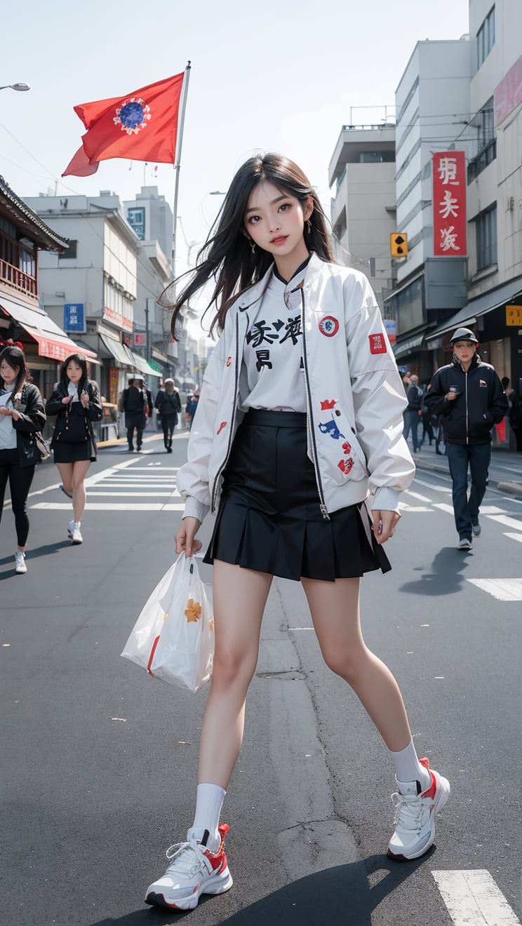 A Taiwanese girl, wearing a white MOYCL uniform and a flight jacket with the Taiwanese flag printed on it, walking on the street with a smile, real skin, delicate white face, a black background with a big moon and the font Happy Mid-Autumn Festival, bright, and "MOYCL FRIENDS" written in sweet love fonts.