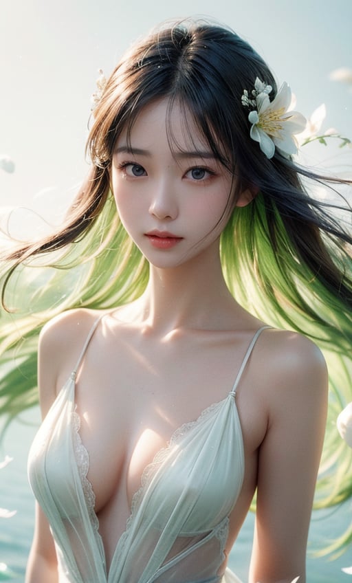 A Taiwanese girl, with real skin style, delicate face, majestic and proud bust, green and soft, matte white, clear water, transparent flowers, white space, rendering, female flow, lightness