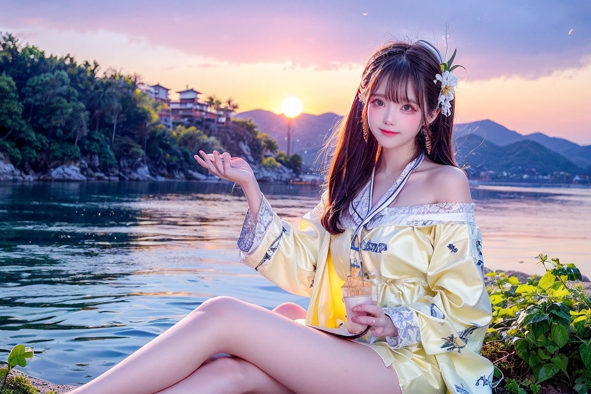 A Taiwanese girl, with real skin style, delicate face, majestic and proud upper body, ethereal and extraordinary feeling, wearing off-shoulder chiffon silk pajamas and a dreamy coat, in a warm morning, with a shy smile in spirit, sitting on the white beach, drinking coffee, with colorful petals flying around her, watching the yellow-blue light of sunrise, the bright green fields and blue sea, enjoying the feeling of being in a paradise at the moment