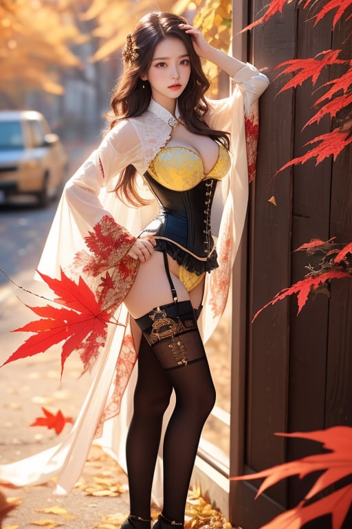 A Taiwanese girl, real skin style, delicate face, majestic bust, medium dark hair, (steampunk style clothing, corset, warrior), breeze, Japanese maple leaves, red and yellow leaf maple trees, Autumn_leaves, Red and yellow leaves, sparkling magic, BREAK, masterpiece, best quality, amazing quality, very beautiful, absurd, depth of field, sexy girl holding a wooden sign with the words "good morning" in English