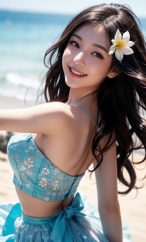 A Japanese girl, real skin style, delicate face, happy smile, majestic bust, background is the beach, beautiful girl, very long hair, curly hair, dark blue hair, wearing summer tulle dress floral skirt, Smile, best quality, 32k, realistic, ultra-detailed, detailed, high resolution, perfect dynamic composition, beautiful detailed eyes, sharp focus