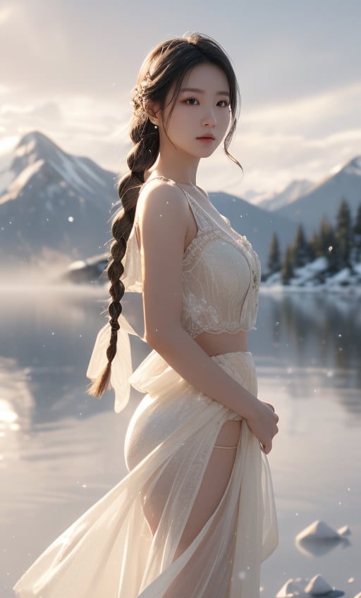 Create 3D full-length digital artwork in a highly detailed, photorealistic style.  The composition is centered on a Taiwanese woman with a majestic bust, real skin style, and delicate face. She has long white braids and wears a dancing white tulle jumpsuit with complex design and gem elements. skirt.  She stood sideways, looking slightly sideways, with a calm expression on her face.  The background is a snow-covered mountain landscape and calm water, suggesting a cold, icy environment, with clouds and mist surrounding you.  The light is soft, enhancing the ethereal and magical atmosphere.  Delicate attention is paid to the characters' costumes and soft lighting, creating an overall feeling of elegance and fantasy.