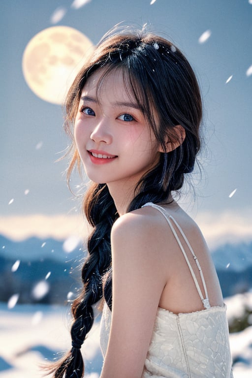 A Taiwanese girl, (realism: 1.2), analog photography style, dreamy snow scene, short black and gray braided hair, full body, soft natural light, cute and sexy smiling, happy, detailed face and blue eyes, high quality, masterpiece, detailed northern mid-autumn night background with a big moon, Chinese style mid-autumn festival atmosphere, quality: 16K, original photo face, real skin effect, clear facial features, majestic bust, analog photography style, dreamy snow scene, short black and gray braided hair, full body, soft natural light, cute and sexy, happy, detailed face and blue eyes, high quality, masterpiece, detailed northern background, quality: 16K, original photo