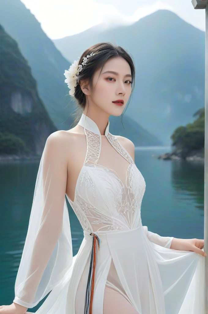 Create 3D full-length digital artwork in a highly detailed, photorealistic style.  The composition is centered on a Taiwanese woman with a majestic bust, real skin style, and delicate face. She has long white braids and wears a dancing white tulle jumpsuit with complex design and gem elements. skirt.  She stood sideways, looking slightly sideways, with a calm expression on her face.  The background is a snow-covered mountain landscape and calm water, suggesting a cold, icy environment, with clouds and mist surrounding you.  The light is soft, enhancing the ethereal and magical atmosphere.  Delicate attention is paid to the characters' costumes and soft lighting, creating an overall feeling of elegance and fantasy.