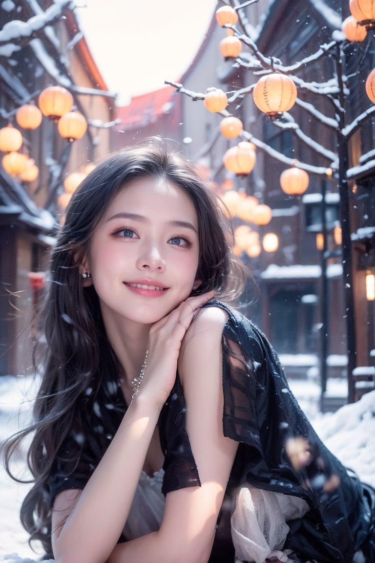 A Taiwanese girl, (realism: 1.2), analog photography style, dreamy snow scene, short black and gray braided hair, full body, soft natural light, cute and sexy smiling, happy, detailed face and blue eyes, high quality, masterpiece, detailed northern mid-autumn night background with a big moon, Chinese style mid-autumn festival atmosphere, quality: 16K, original photo face, real skin effect, clear facial features, majestic bust, analog photography style, dreamy snow scene, short black and gray braided hair, full body, soft natural light, cute and sexy, happy, detailed face and blue eyes, high quality, masterpiece, detailed northern background, quality: 16K, original photo