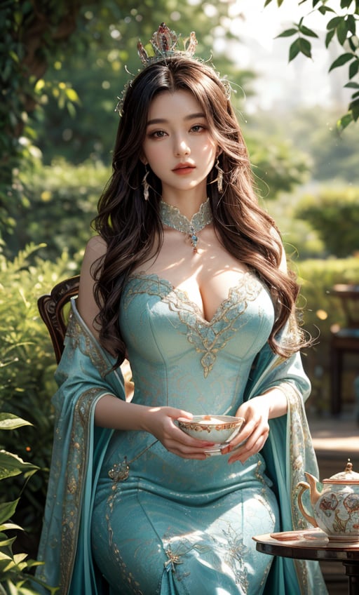 A fantasy scene set in a lush, enchanted garden during a majestic royal tea time. The central figure is a stunning Red Heart Queen, exuding beauty and elegance. She is dressed in an elaborate, flowing gown adorned with intricate red heart patterns, with a regal crown perched on her head. Her long, wavy hair cascades down her chest, complementing her radiant, flawless skin. The garden around her is vibrant, with a rich green and red color theme, featuring blooming roses, towering hedges, and ornate topiaries. The tea table is lavishly set with fine china, ornate teapots, and a variety of delicacies, all in keeping with the red and green motif. The atmosphere is serene yet grand, with the warm glow of the sun filtering through the foliage, casting dappled light across the scene. The queen’s expression is calm and graceful as she delicately sips her tea, embodying both power and grace.,manga,sketch,niji