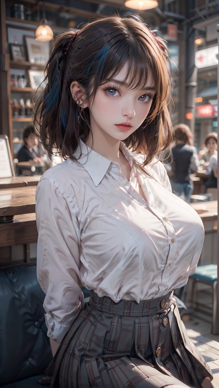 1girl, (white shirt, red pleated skirt, tulle), (short hair), (blue hair), ((big breasts: 1.2)), (upper body), close-up, ear hook highlights, sitting on the sofa, in a cafe ,café, (surprised: 1.5), angry, looking at the viewer, ((partially unbuttoned: 1.2)), (button gap: 1.5), bra visible through clothes, (open clothes), 1 Korean girl, Double exposure, real person, color splash style photo, Beautyniji, young beautiful spirit,milf