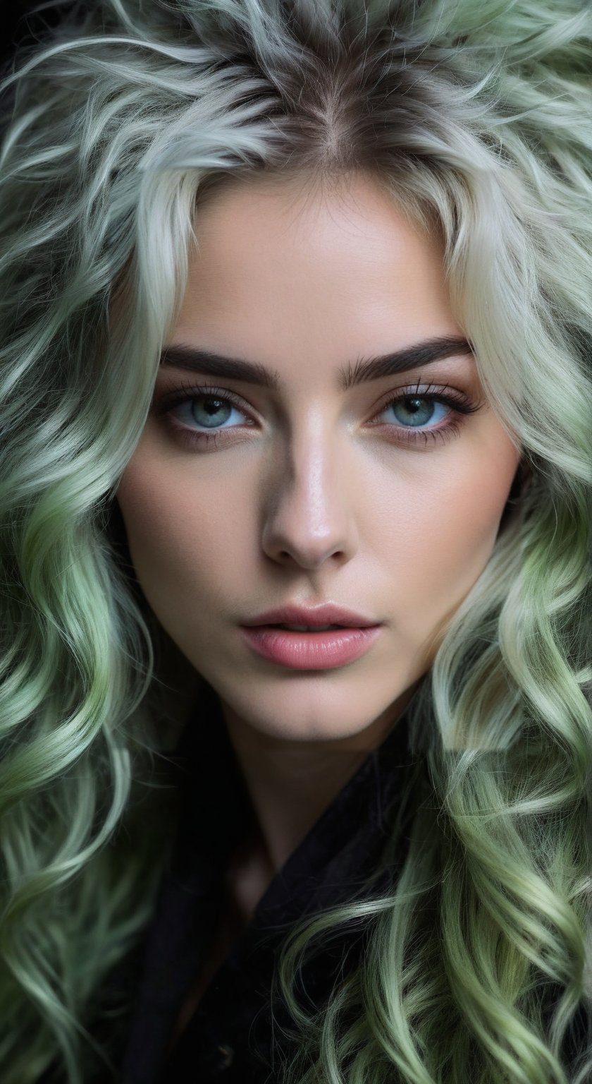 masterpiece, highly detailed image of a  girl with light gray eyes, Light green long frizzy hair, punk hairstyle, sweet and shy expression, little smile, cozy lighting, very dark background,  portrait, unusual composition, use of negative space, spectral, close-up, detailed eyes, detailed mouth,LegendDarkFantasy