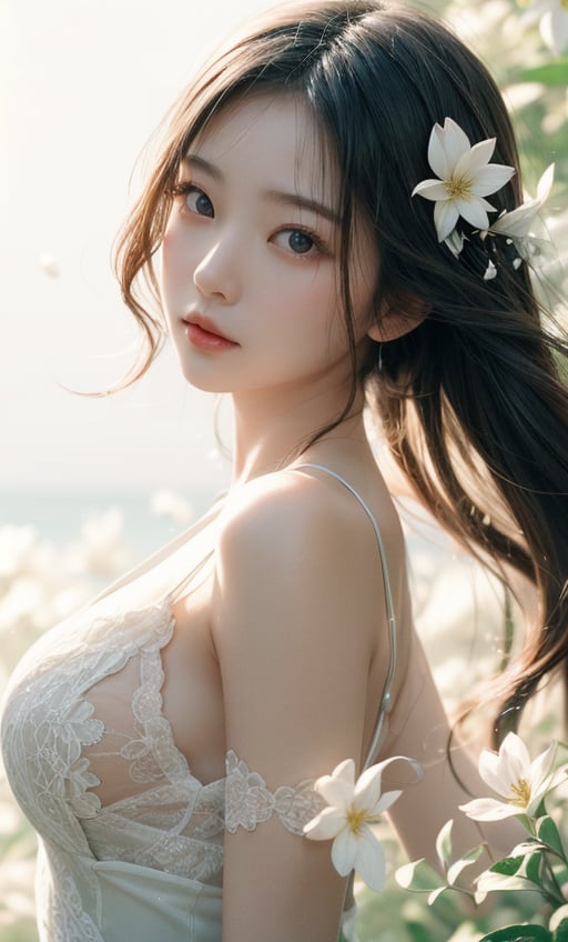 A Taiwanese girl, with real skin style, delicate face, majestic and proud bust, green and soft, matte white, clear water, transparent flowers, white space, rendering, female flow, lightness