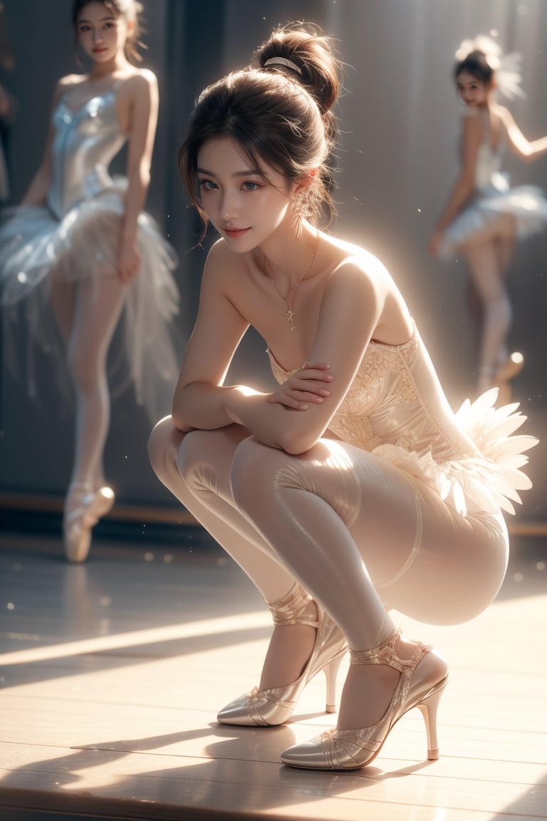 background is stage,ballet, a spot light,Le lac des cygnes,Swan Lake,The Ballet Called Swan Lake,
18 yo, 1 girl, beautiful korean girl,pretty ballerina,wearing suits for ballet,tights,ballerina shoes,pointe shoes,happy smile, solo, {beautiful and detailed eyes}, dark eyes, calm expression, delicate facial features, ((model pose)), Glamor body type, (dark hair:1.2), simple tiny earrings, simple tiny necklace,chignon,ponytail, flim grain, realhands, masterpiece, Best Quality, 16k, photorealistic, ultra-detailed, finely detailed, high resolution, perfect dynamic composition, beautiful detailed eyes, eye smile, ((nervous and embarrassed)), sharp-focus, full_body, cowboy_shot,