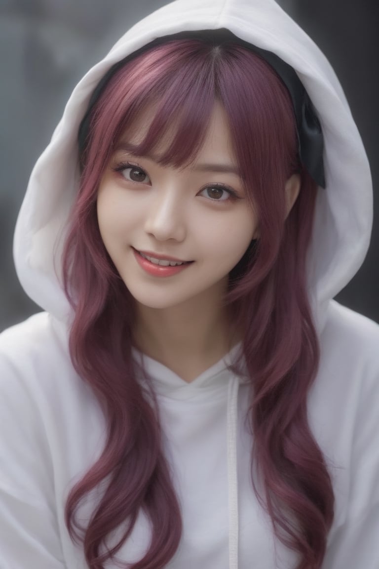 1girl, a young Taiwanese girl, solo, with long wavy purple-green hair, looking at the audience, bangs, wearing a white tulle shirt, long sleeves, bow, smiling happily, white shirt, upper body, hood, black eyes, red bow , lips, tilted head, hoodie, hood, red lips, white hoodie,photorealistic