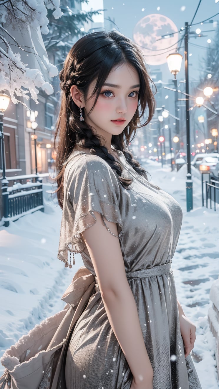 A Taiwanese girl, (realism: 1.2), analog photography style, dreamy snow scene, short black and gray braided hair, full body, soft natural light, cute and sexy smiling, happy, detailed face and blue eyes, high quality, masterpiece, detailed northern mid-autumn night background with a big moon, Chinese style mid-autumn festival atmosphere, quality: 16K, original photo face, real skin effect, clear facial features, majestic bust, analog photography style, dreamy snow scene, short black and gray braided hair, full body, soft natural light, cute and sexy, happy, detailed face and blue eyes, high quality, masterpiece, detailed northern background, quality: 16K, original photo