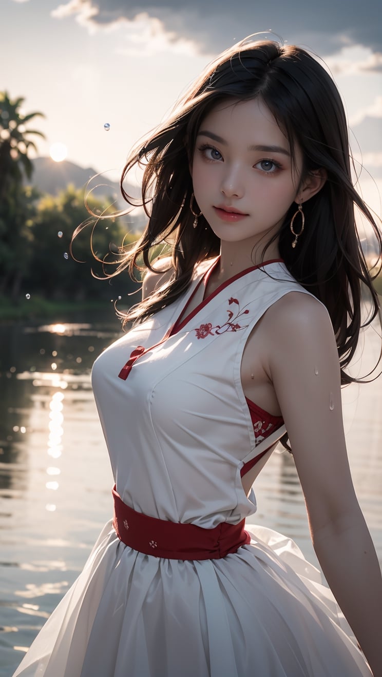 Macro photography, a Taiwanese girl, wearing ancient Miao clothes and white tulle, dancing by the river in the green grassland, surrounded by clouds and mist, raining heavily, her face full of water droplets, her moist skin, The face is covered with sweat, the whole body is soaked, the wet skin is looming, water droplets cover the whole body, the red jewelry on the head, the hands are dancing, the delicate face, the delicate skin, the blue wavy hair, the happy smile, the red sunset in the background