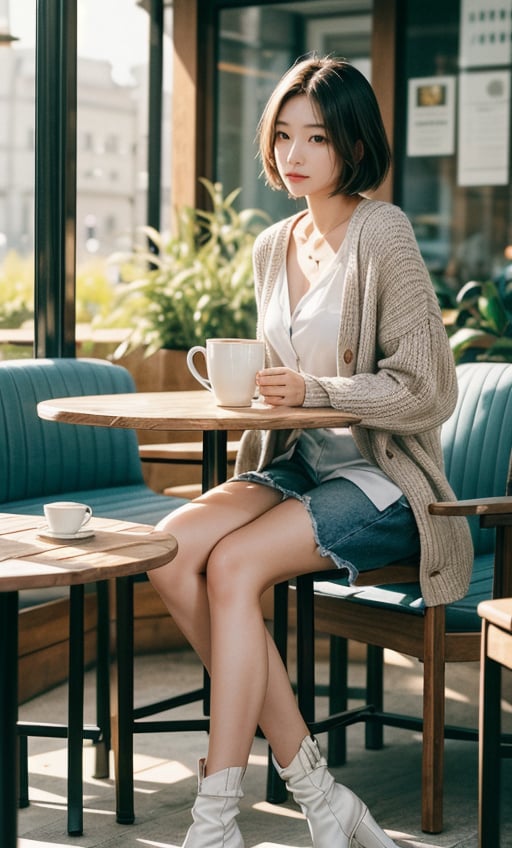 Contemporary color photo of a young Taiwanese girl sitting at a coffee table indoors, realistic skin effect, short gray hair, clear facial features, majestic and proud bust, solo, she is wearing a white cardigan with no buttons, On her feet were tall white boots.  Her posture was relaxed, one leg crossed over the other.  The background shows a modern outdoor cafe environment including chairs, tables and green plants.  The background appears to be soft shadows lit by sunlight, suggesting daytime.  On the table there is a cup, saucer and dessert cup on a wooden table top.  This composition captures a casual yet intimate moment in a stylish urban setting.